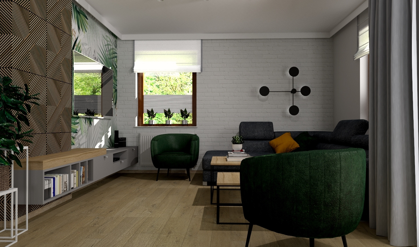 Wizualizacja salonu z drewnianą ścianą, tapetą w liście, szarą cegłą, ciemnozielonymi fotelami i szarą sofą z żółtą poduszką.