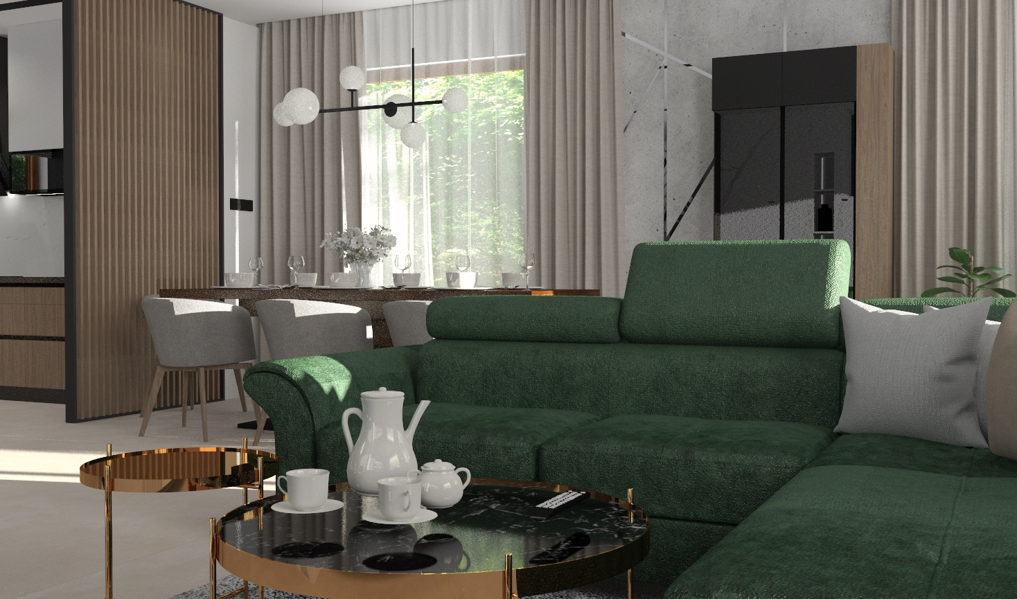 Nowoczesny salon z zieloną sofą narożną, marmurowym stolikiem kawowym z złotymi nogami i białym serwisem do kawy, jadalnią z szarymi krzesłami w tle, oraz oknem z widokiem na zieleń.