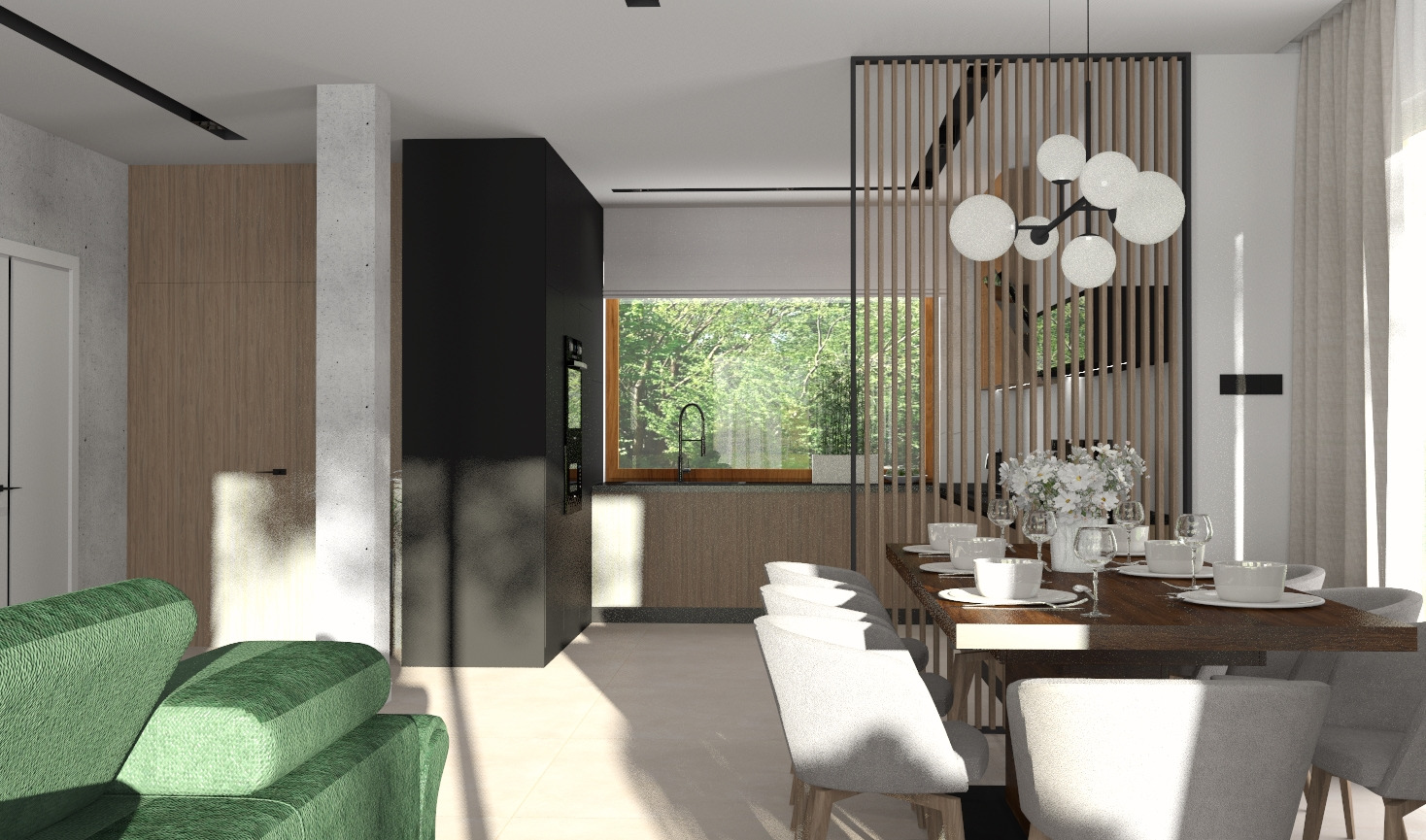 Nowoczesna jadalnia z drewnianym stołem, szarymi krzesłami i dekoracyjną ścianką z drewnianych listew, widok na kuchnię z oknem na zieleń