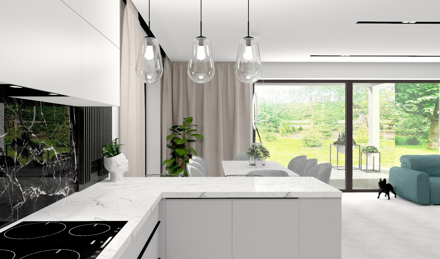 Nowoczesna kuchnia z marmurowym blatem, czarnym panelem nad indukcją, trzema szklanymi lampami wiszącymi i widokiem na ogród przez panoramiczne okno, z małym czarnym psem wchodzącym do pomieszczenia.