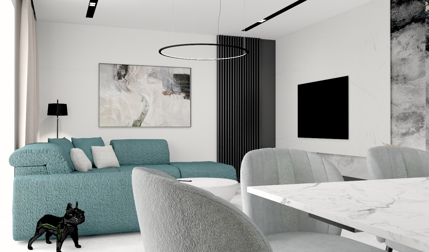 Nowoczesny salon z turkusową sofą, okrągłym białym stolikiem kawowym, szarymi krzesłami przy marmurowym stole i dekoracyjną figurką czarnego buldoga francuskiego.