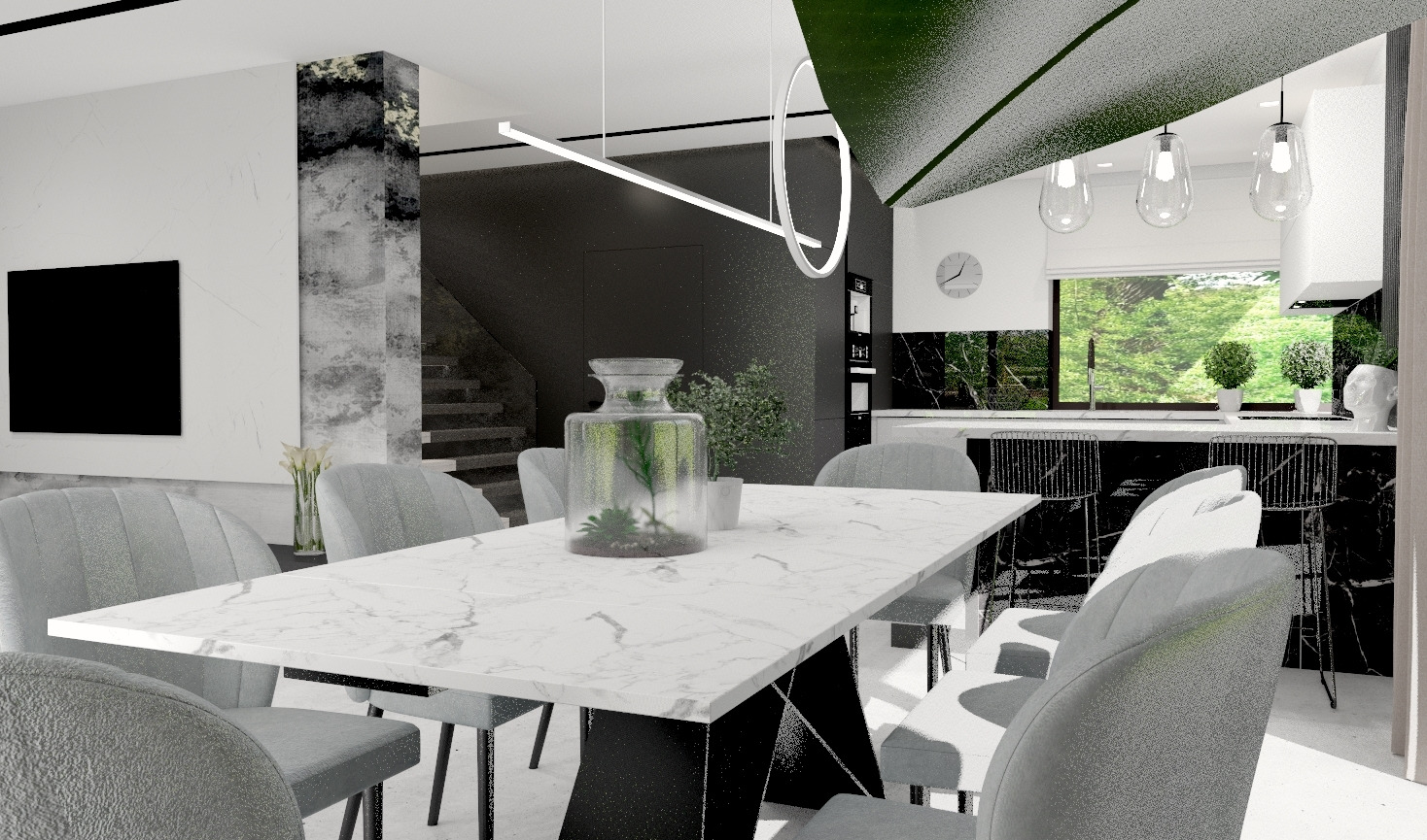 Wnętrze jadalni z marmurowym stołem, szarymi krzesłami i szklanym wazonem z roślinami, nowoczesne oświetlenie sufitowe, widok na kuchnię z czarnym blatem i marmurowym backsplashiem, schody w tle.