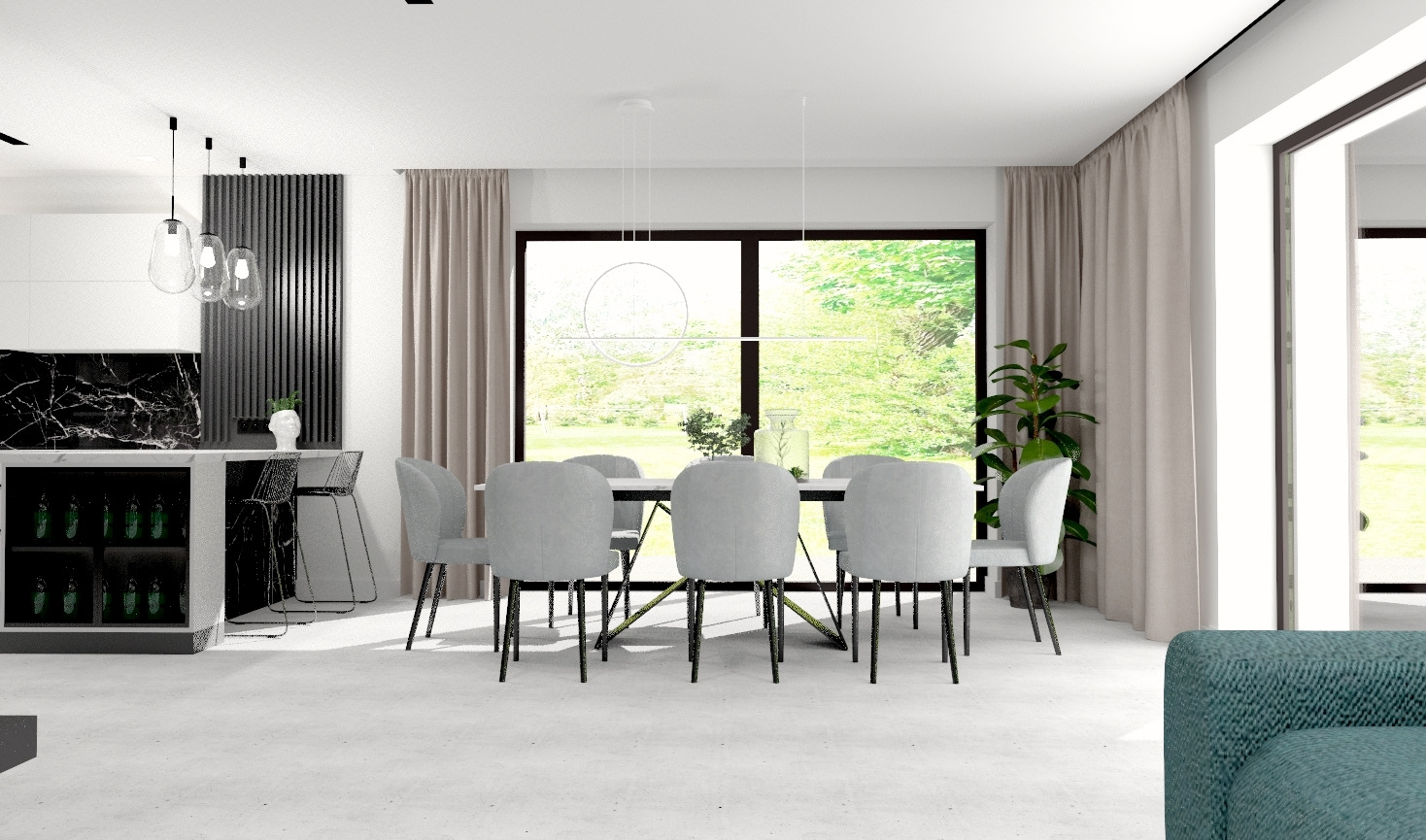 Nowoczesna jadalnia z białym stołem, szarymi krzesłami i minimalistycznym oświetleniem, widok na ogród przez duże okno, czarny marmur na wyspie kuchennej w tle.