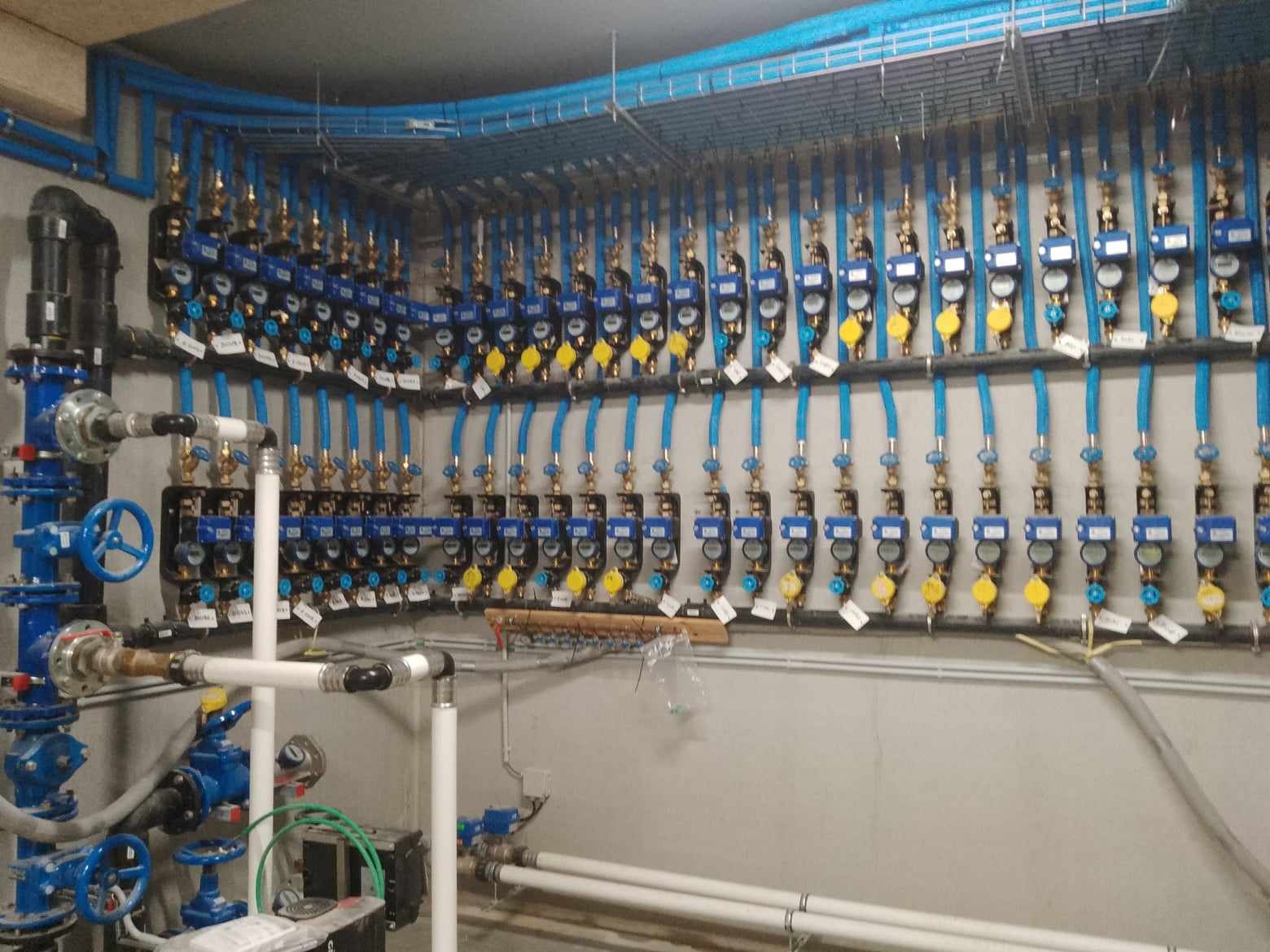 Rząd liczników wody z niebieskimi rurami i żółtymi zaworami zamontowanych na ścianie, z widocznymi elementami instalacji hydraulicznej w pomieszczeniu technicznym.