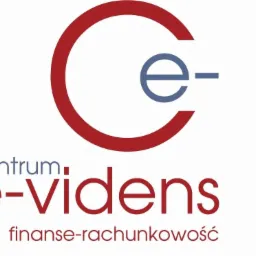Logo firmy 'Centrum e-videns' z czerwonym znakiem graficznym w kształcie litery C i niebieskim elementem e- wewnątrz, pod spodem napis 'finanse-rachunkowość'.