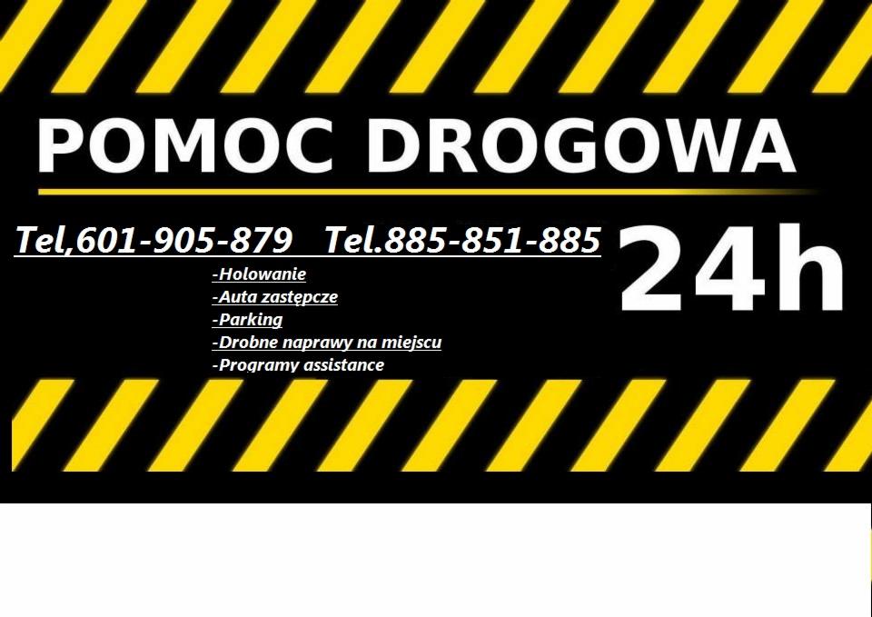 Czarno-żółty baner reklamowy Pomocy Drogowej z numerami telefonów, informacją o holowaniu, autach zastępczych, parkingu, drobnych naprawach na miejscu i programach assistance, dostępnej 24h.