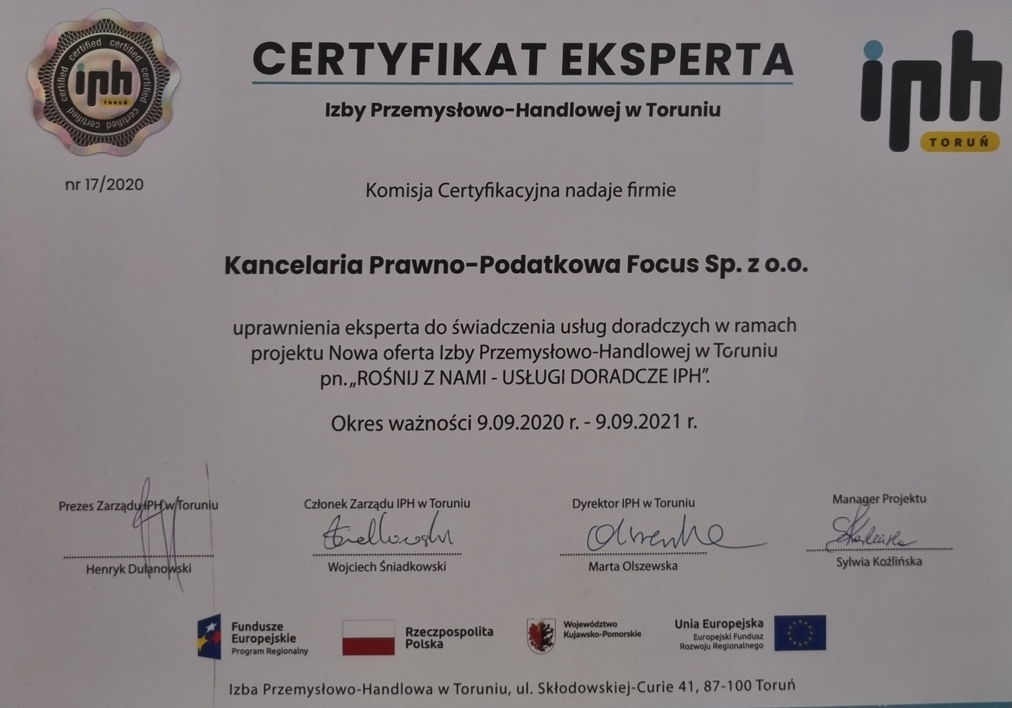 Certyfikat Eksperta Izby Przemysłowo-Handlowej w Toruniu