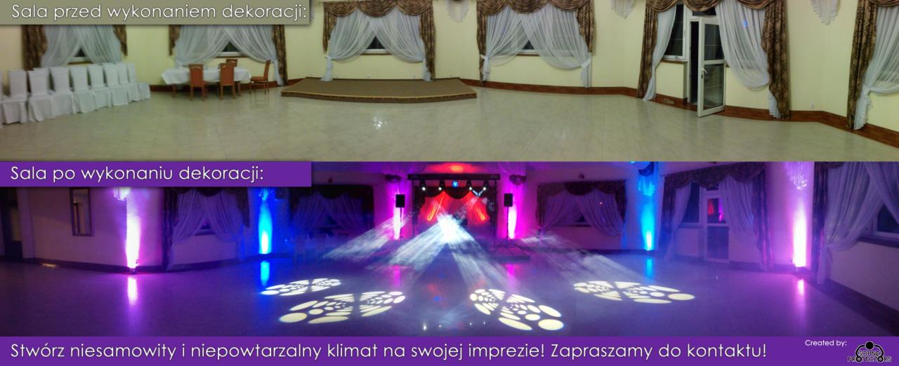 Porównanie sali przed i po dekoracji: górna część zdjęcia pokazuje salę z białymi krzesłami i stołami, dolna część prezentuje salę z profesjonalnym oświetleniem w kolorach fioletu, czerwieni...