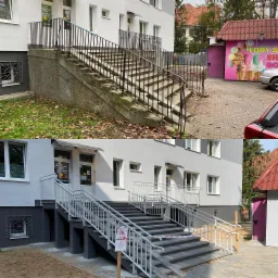Porównanie stanu schodów wejściowych do budynku przed i po remoncie: stare, betonowe schody z czarną balustradą kontra nowe, wyłożone płytkami schody z białą balustradą i podjazdem dla wózków.