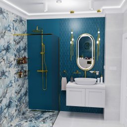 Czwarty Wymiar - Wizualizacja łazienki z kabiną prysznicową z deszczownicą w kolorze złotym, umywalką nablatową na białej szafce, podświetlanym lustrem owalnym z logo i niebieskimi płytkami ściennymi...