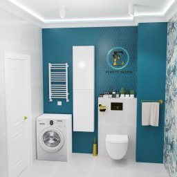 Czwarty Wymiar - Nowoczesna łazienka z turkusowymi ścianami, złotymi akcentami i pralką, prezentująca minimalistyczny design i funkcjonalne rozwiązania.