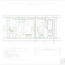 Czwarty Wymiar - Przekrój architektoniczny studia tatuażu i salonu kosmetycznego, prezentujący rozmieszczenie wyposażenia: fotel Gilles Harbor, stolik kawowy Kare Wire, szafka pod telewizor VITTORIA, sztukateria...