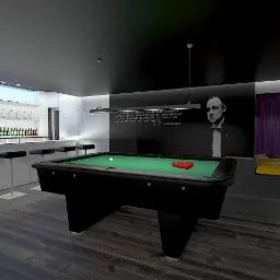 Klimatyczne wnętrze pokoju bilardowego z czarnym stołem bilardowym, barem z podświetlanymi półkami na alkohole i portretem Ojca Chrzestnego na ścianie.