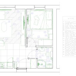 Czwarty Wymiar - Rzut z góry na plan mieszkania: salon z aneksem, sypialnia i łazienka. Rozmieszczenie mebli i wyposażenia, w tym szafy, łóżka, umywalki i sprzętu AGD.