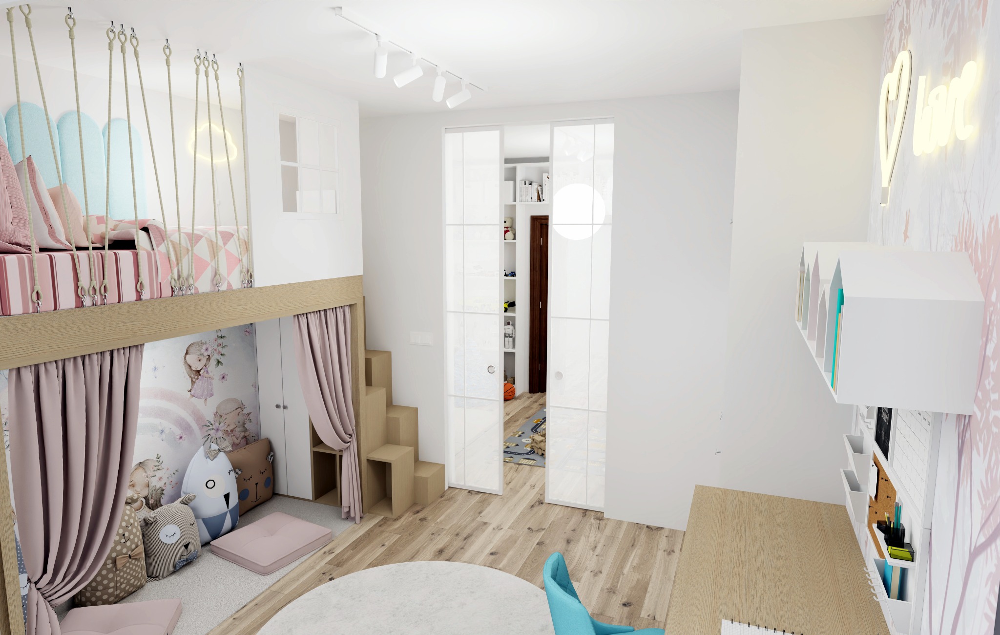 Wnętrze pokoju dziecięcego z łóżkiem na antresoli zawieszonym na linach, biurkiem z organizerem ściennym, szafą przesuwną i okrągłym dywanem na parkiecie.