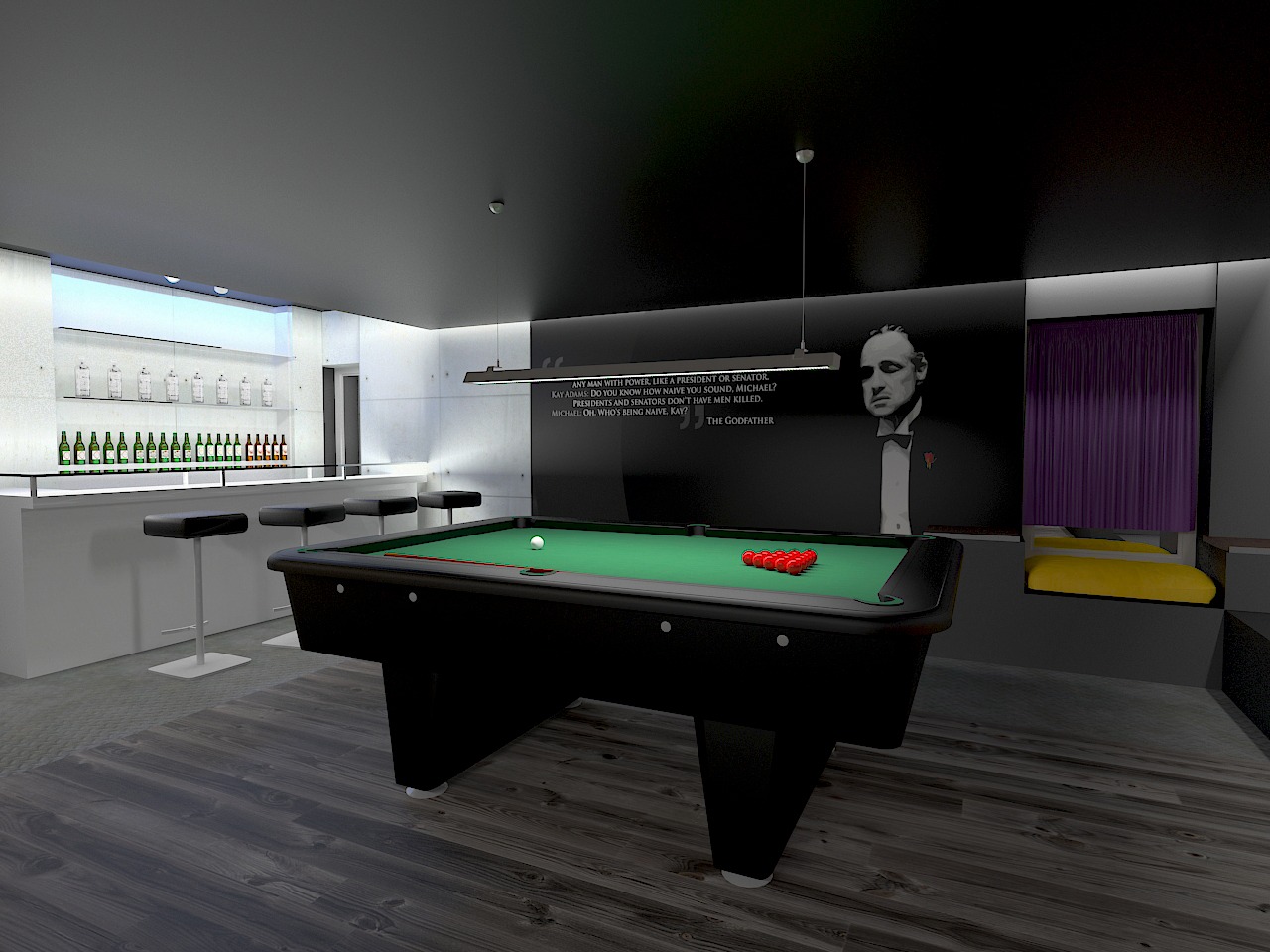 Klimatyczne wnętrze pokoju bilardowego z czarnym stołem bilardowym, barem z podświetlanymi półkami na alkohole i portretem Ojca Chrzestnego na ścianie.