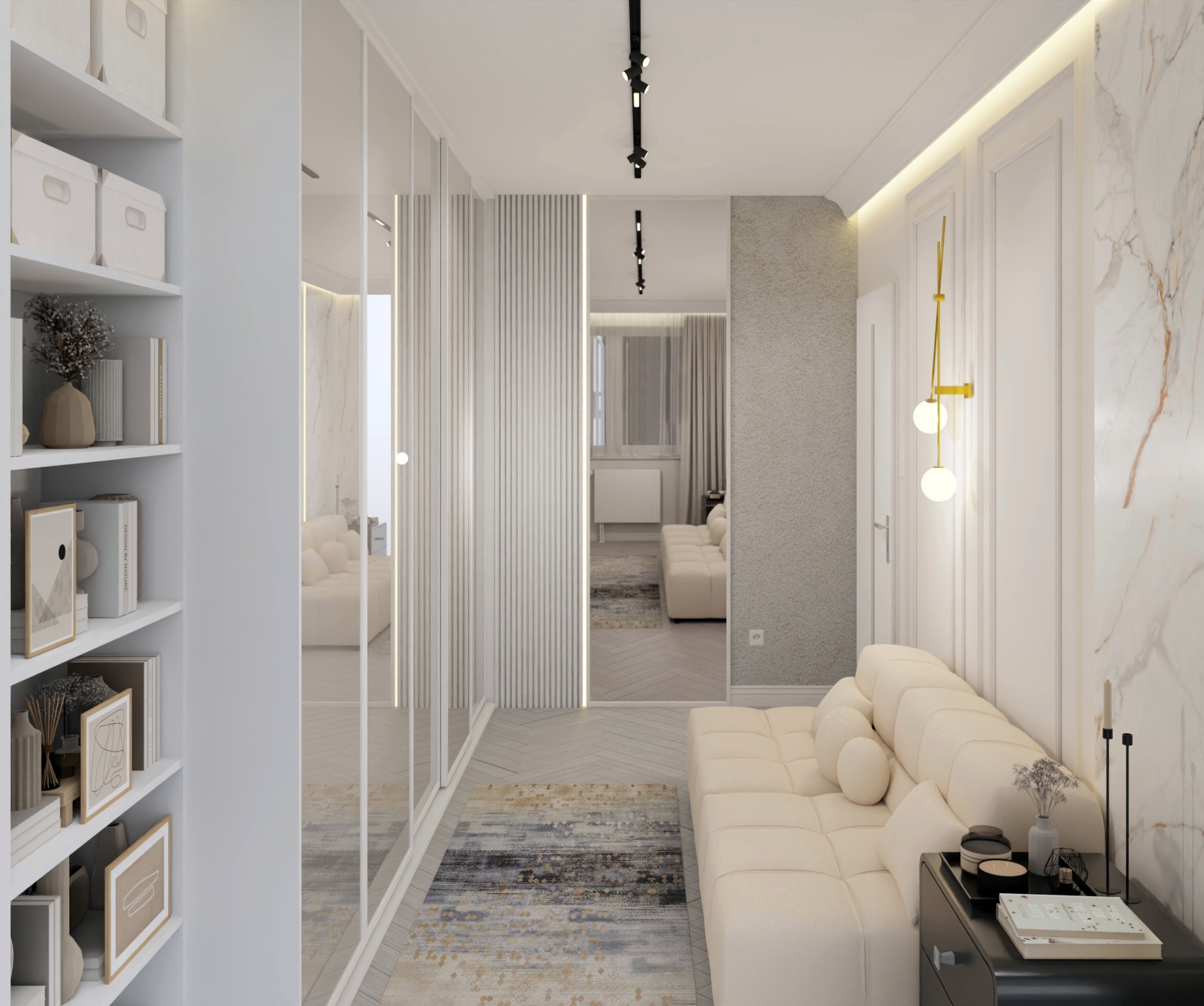 Jasne wnętrze z sofą, regałem i lustrzanymi drzwiami szafy. Widoczne elementy dekoracyjne i oświetlenie. Nowoczesny design.