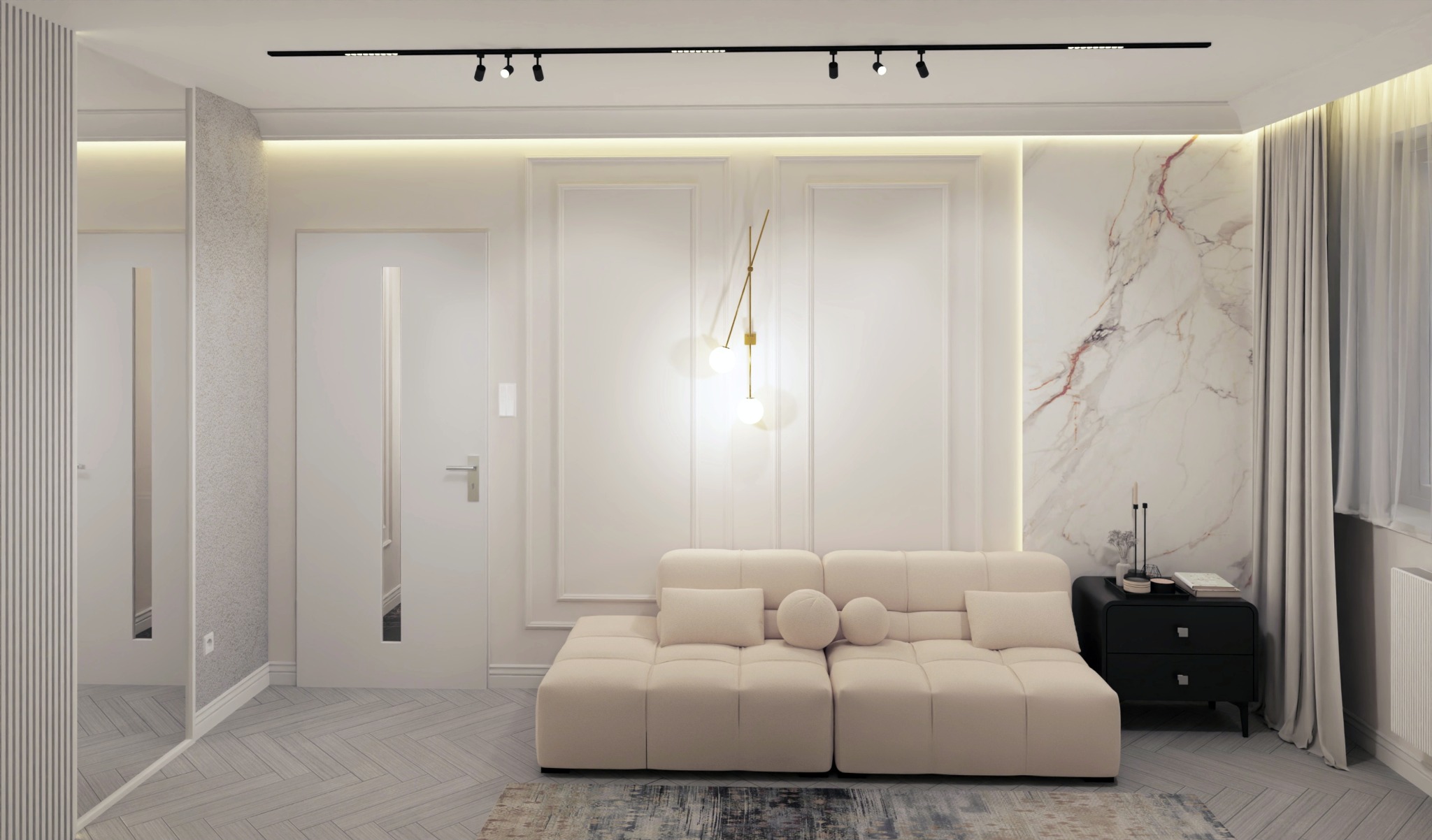 Jasne wnętrze pokoju dziennego: modułowa sofa, marmurowa ściana, czarna szafka nocna, parkiet w jodełkę, oświetlenie szynowe i minimalistyczny wystrój.
