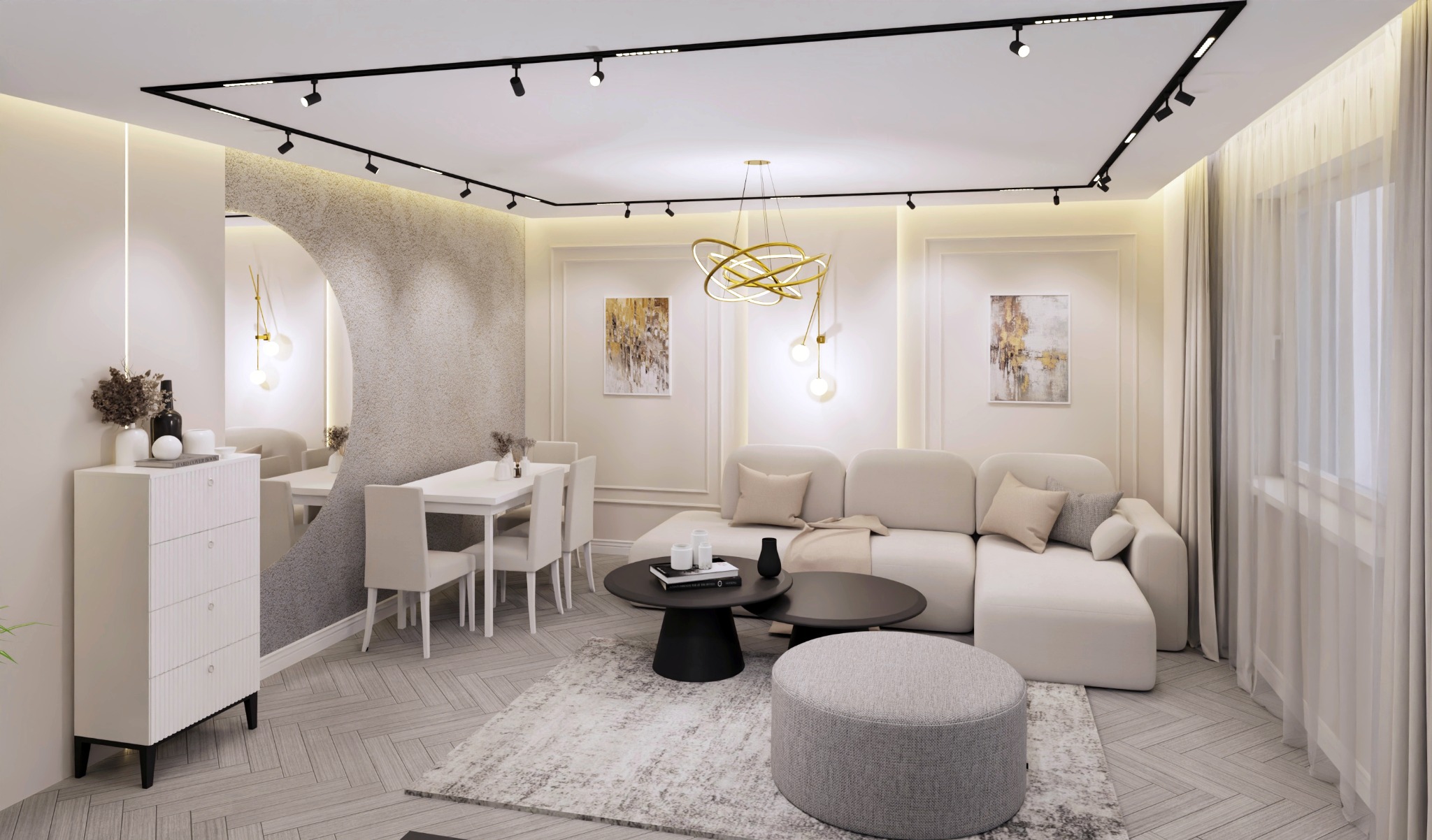 Jasne, nowoczesne wnętrze salonu z jadalnią: biała sofa narożna, okrągły stolik kawowy, pufa, stół z krzesłami, komoda z dekoracjami, oświetlenie punktowe i designerska lampa.