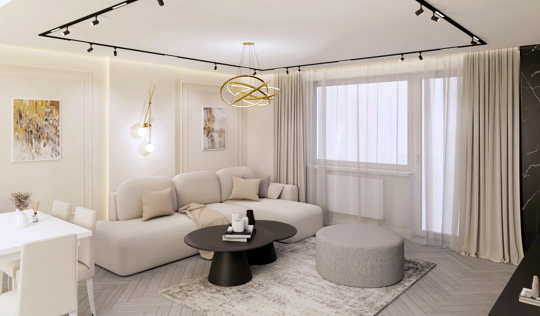 Elegancki salon z narożnikiem w odcieniach beżu, okrągłym stolikiem kawowym i pufem. Na ścianach dekoracyjne obrazy i oświetlenie punktowe. Całość w jasnej, stonowanej kolorystyce.