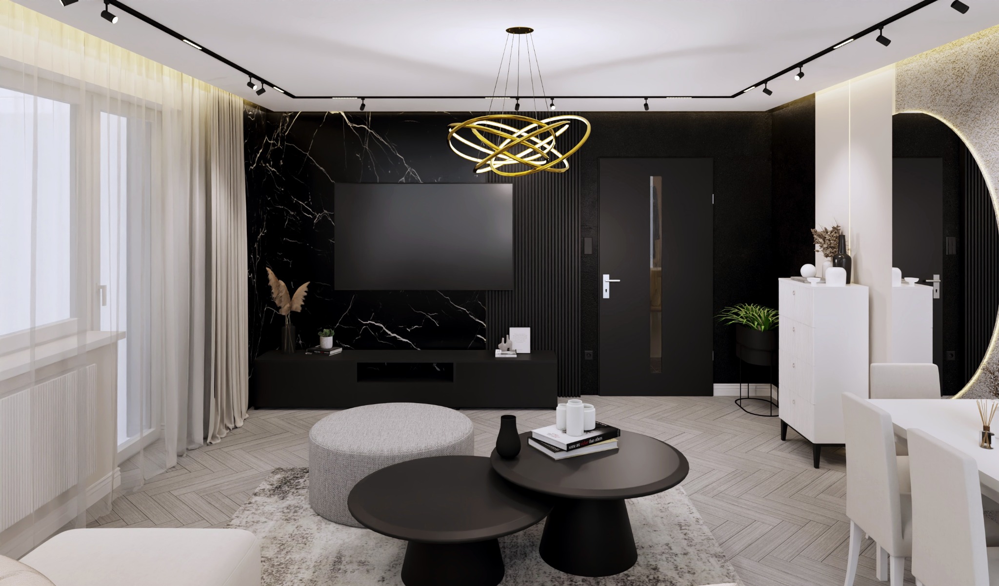 Nowoczesny salon z czarno-białymi akcentami: marmurowa ściana, designerska lampa, minimalistyczne meble i parkiet w jodełkę. Eleganckie i stylowe wnętrze.