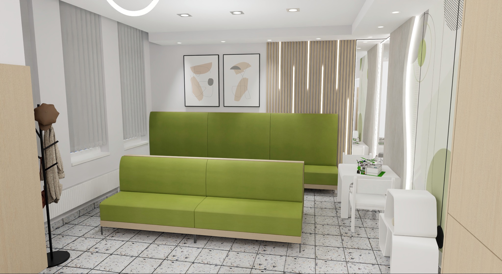 Wnętrze biura z zielonymi sofami, białymi stolikami i abstrakcyjnymi obrazami na ścianie. Nowoczesny design z elementami drewna i jasną kolorystyką.