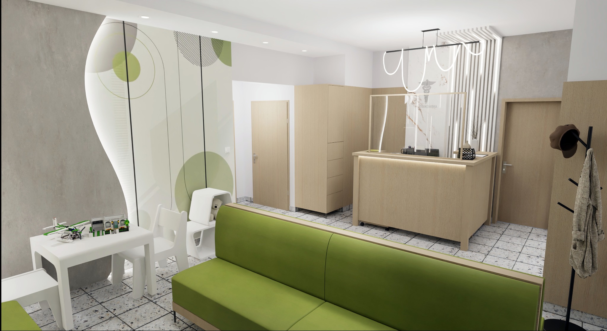 Nowoczesne wnętrze biura z zieloną sofą, białym stolikiem dla dzieci i recepcją z przeszkleniem. Grafika na ścianie i designerskie oświetlenie.