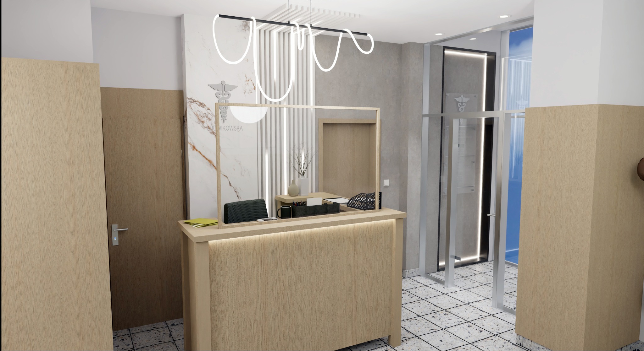 Nowoczesna recepcja w gabinecie lekarskim: drewno, marmur, designerskie oświetlenie. Przeszklone drzwi, minimalistyczny wystrój, subtelne logo na ścianie.