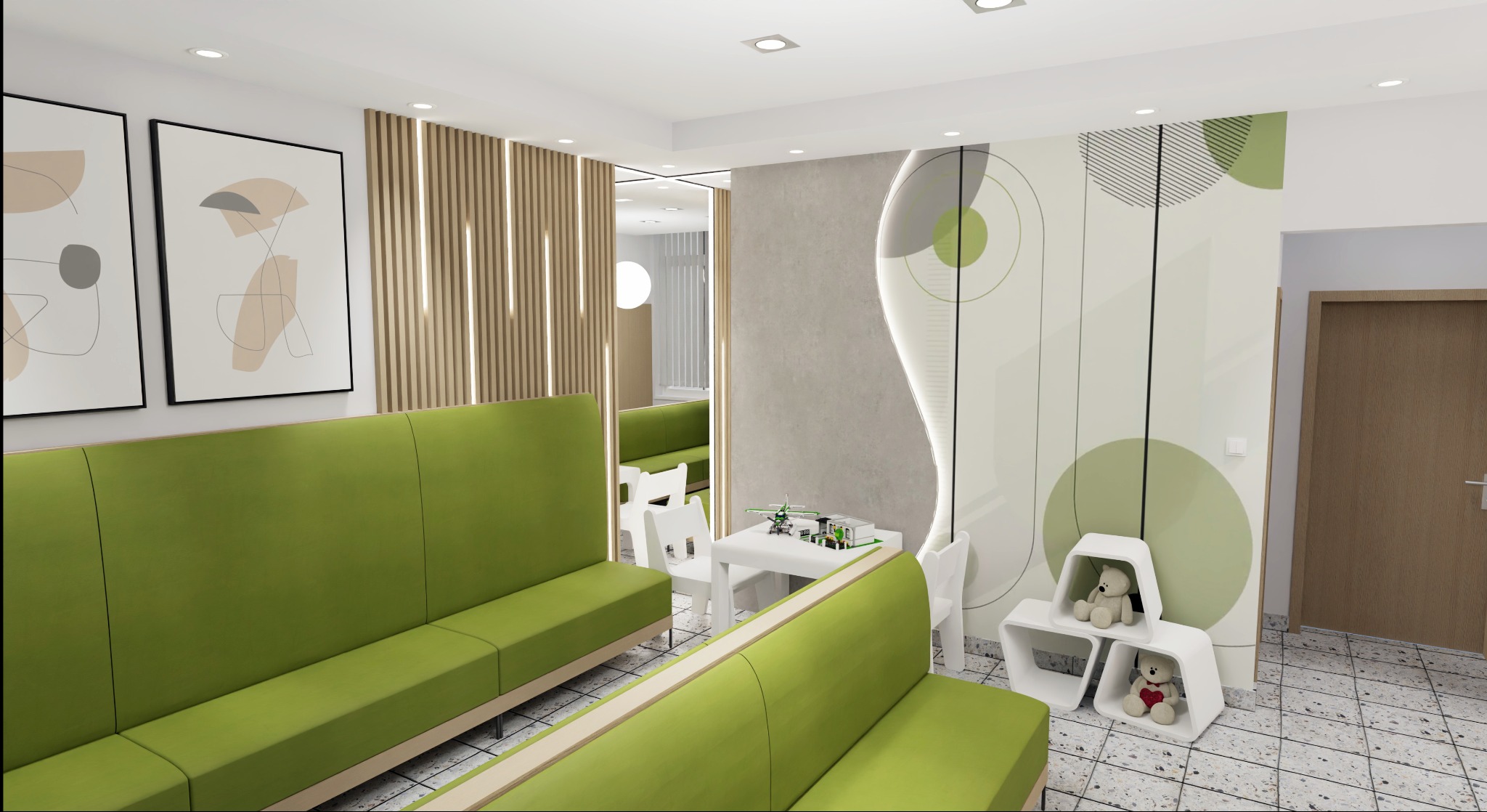 Nowoczesna aranżacja poczekalni dla dzieci z zielonymi sofami, stolikiem z zabawkami, grafikami na ścianach i oryginalnymi półkami z misiami. Jasne, przestronne wnętrze.