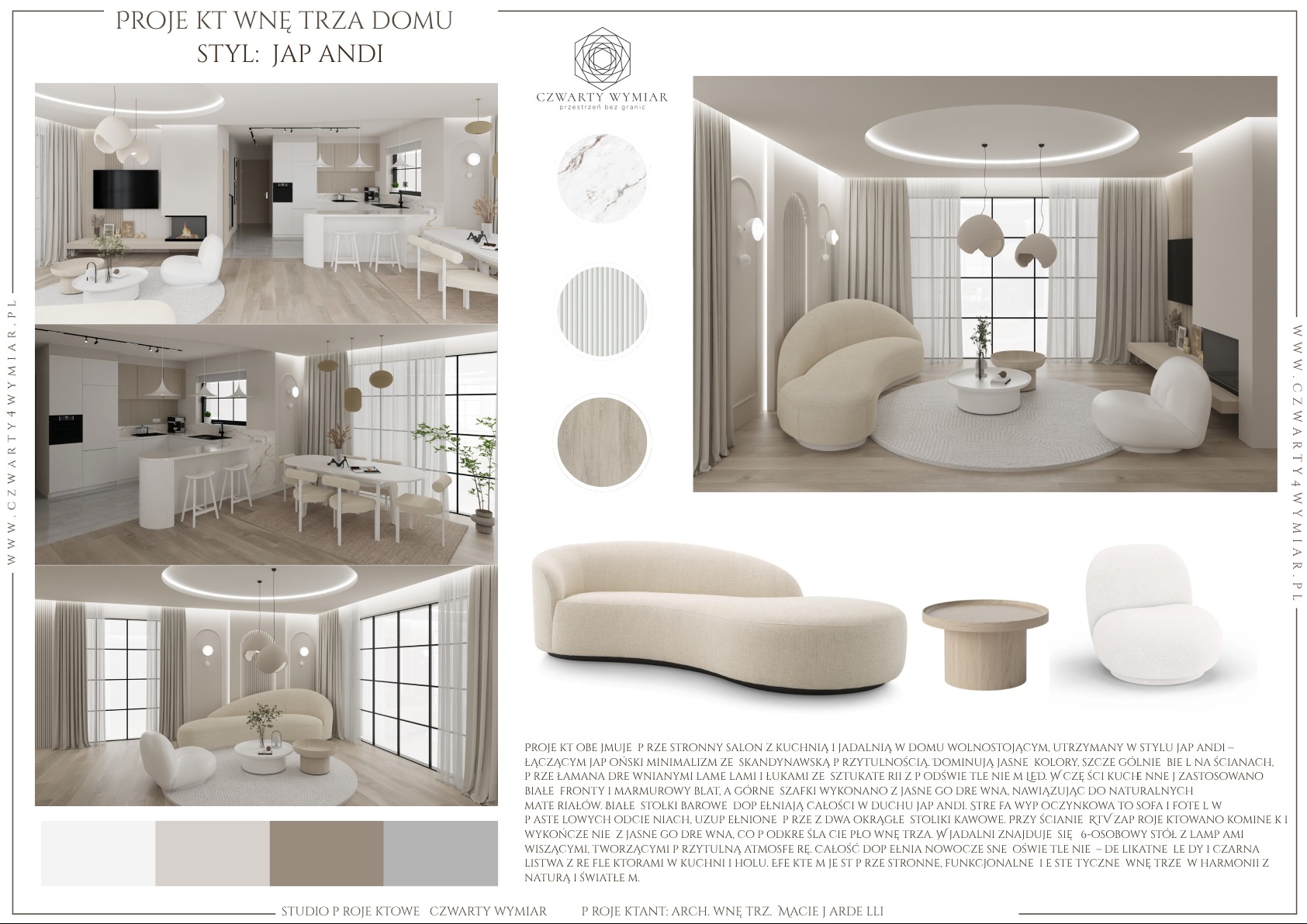 Jasne wnętrze w stylu Japandi: salon z kuchnią i jadalnią. Biel ścian, drewniane lamele, łuki ze sztukaterii z podświetleniem LED. Białe fronty i marmurowy blat w kuchni.