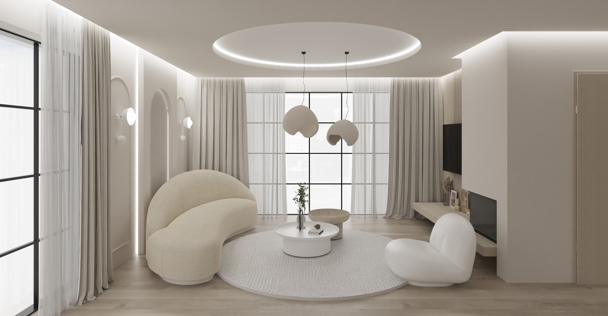 Jasne wnętrze salonu z beżową sofą o organicznym kształcie, okrągłym dywanem i lampami wiszącymi. Minimalistyczny design z elementami dekoracyjnymi i oświetleniem LED.