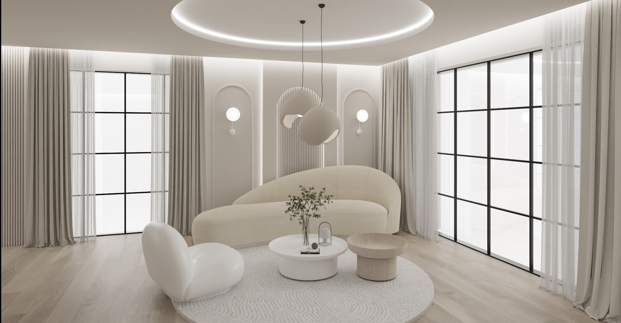 Jasne, minimalistyczne wnętrze: kremowa sofa, okrągły stolik z rośliną, designerskie lampy i duże okna z zasłonami. Subtelne oświetlenie podkreśla elegancję aranżacji.