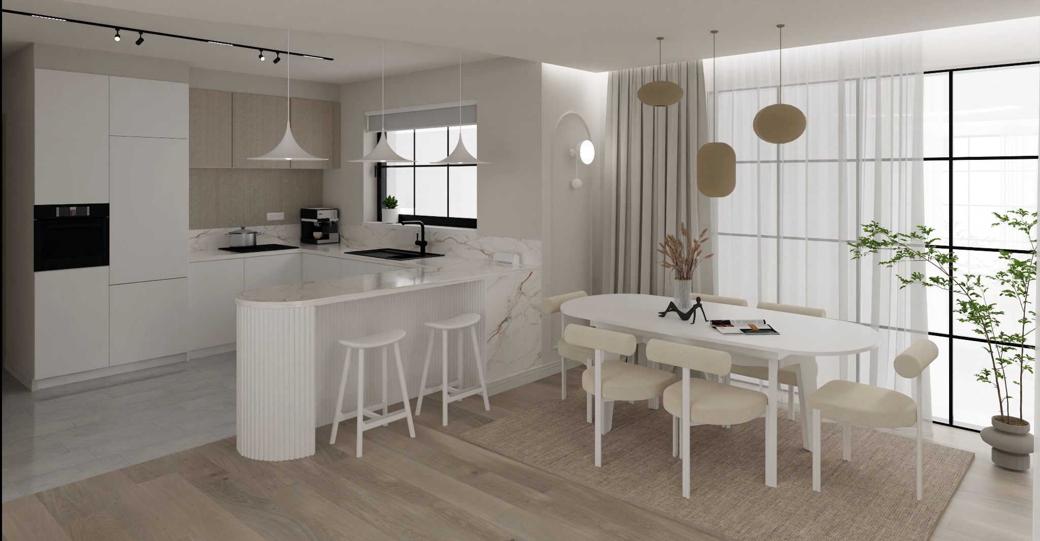 Jasne, nowoczesne wnętrze: kuchnia z wyspą i jadalnia z owalnym stołem. Minimalistyczny design, naturalne światło, duże okno z widokiem na zieleń. Białe krzesła i lampy.