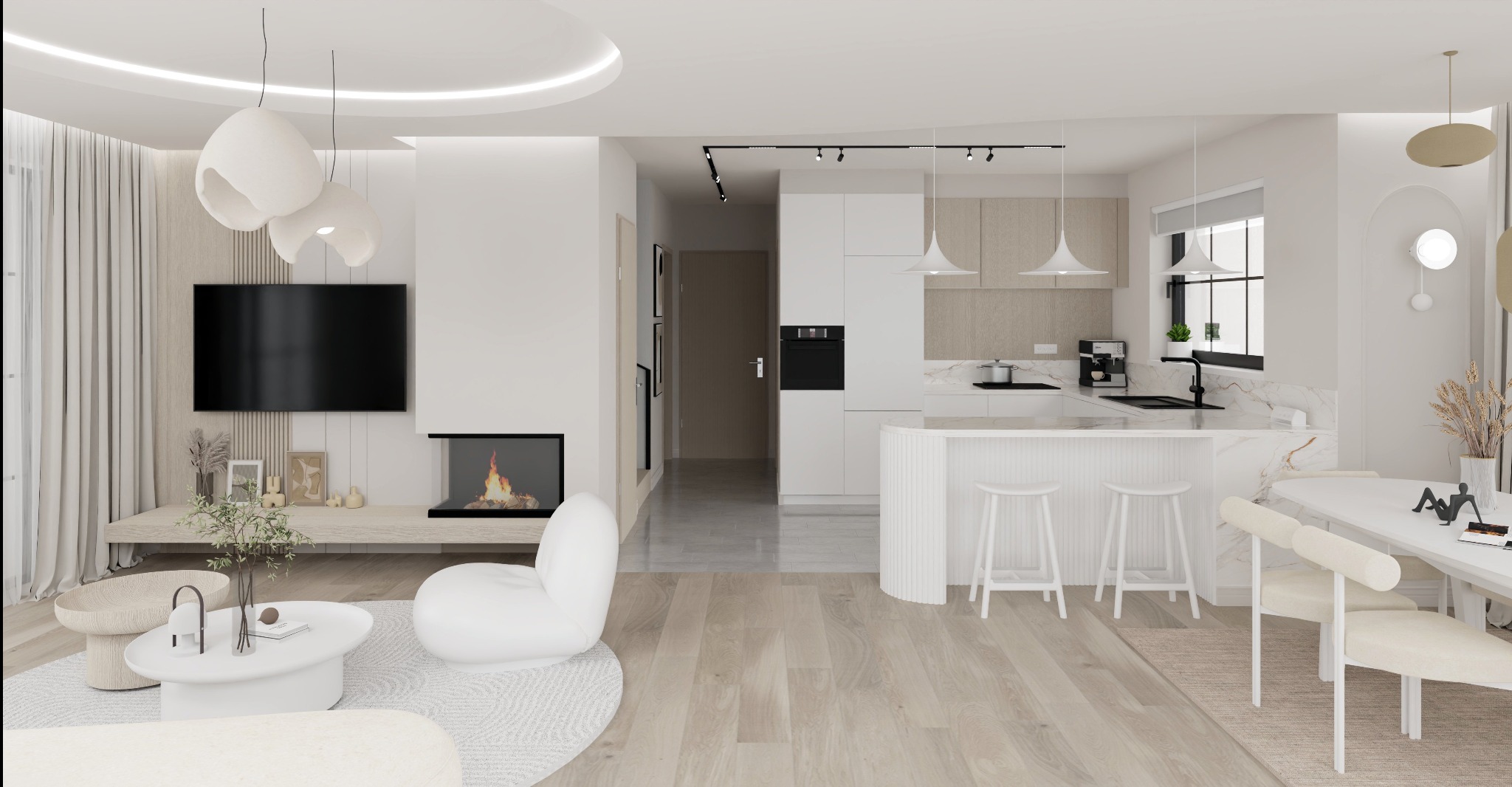 Nowoczesne, jasne wnętrze z otwartą kuchnią, białymi meblami i drewnianą podłogą. Widoczny salon z kominkiem i minimalistycznymi lampami.
