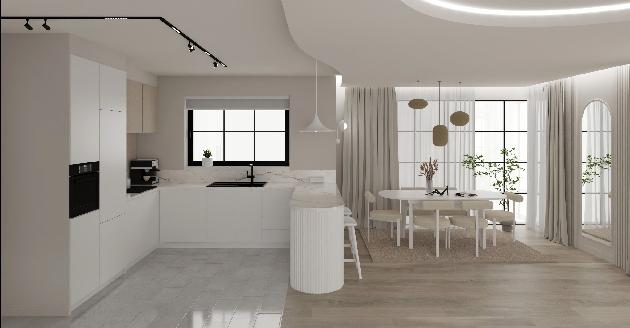 Elegancka, minimalistyczna kuchnia z jadalnią w jasnych barwach. Białe meble kuchenne, marmurowy blat, okrągły stół z krzesłami i duże okna z widokiem na zieleń.