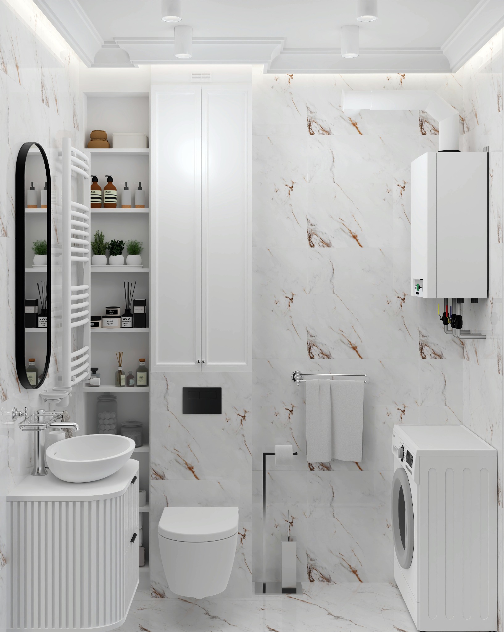 Elegancka łazienka w bieli i marmurze z umywalką na szafce z frezowanymi frontami, toaletą, pralką i grzejnikiem drabinkowym. Całość dopełnia oświetlenie punktowe.