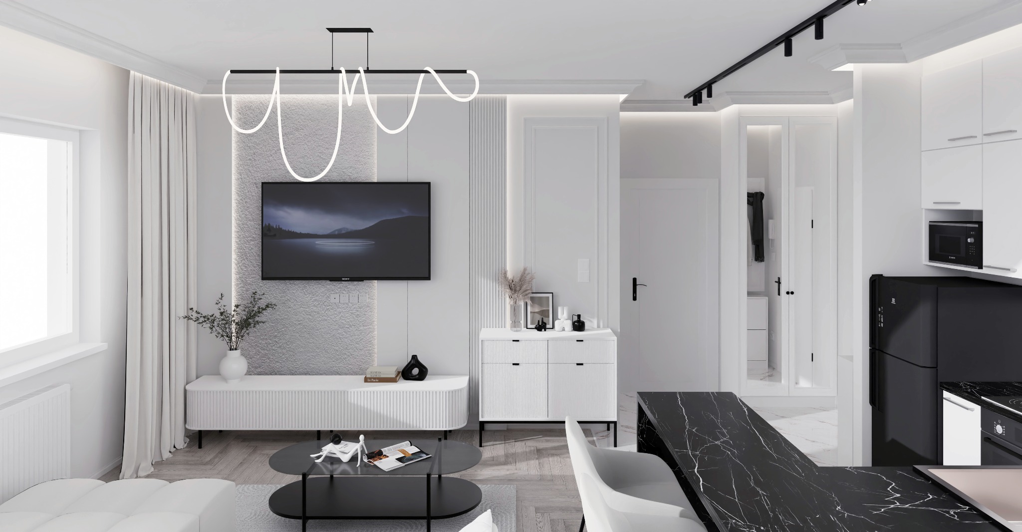 Nowoczesny salon z aneksem kuchennym: białe meble, czarne akcenty, designerskie oświetlenie. Telewizor na ścianie z dekoracyjną teksturą, minimalistyczny wystrój.