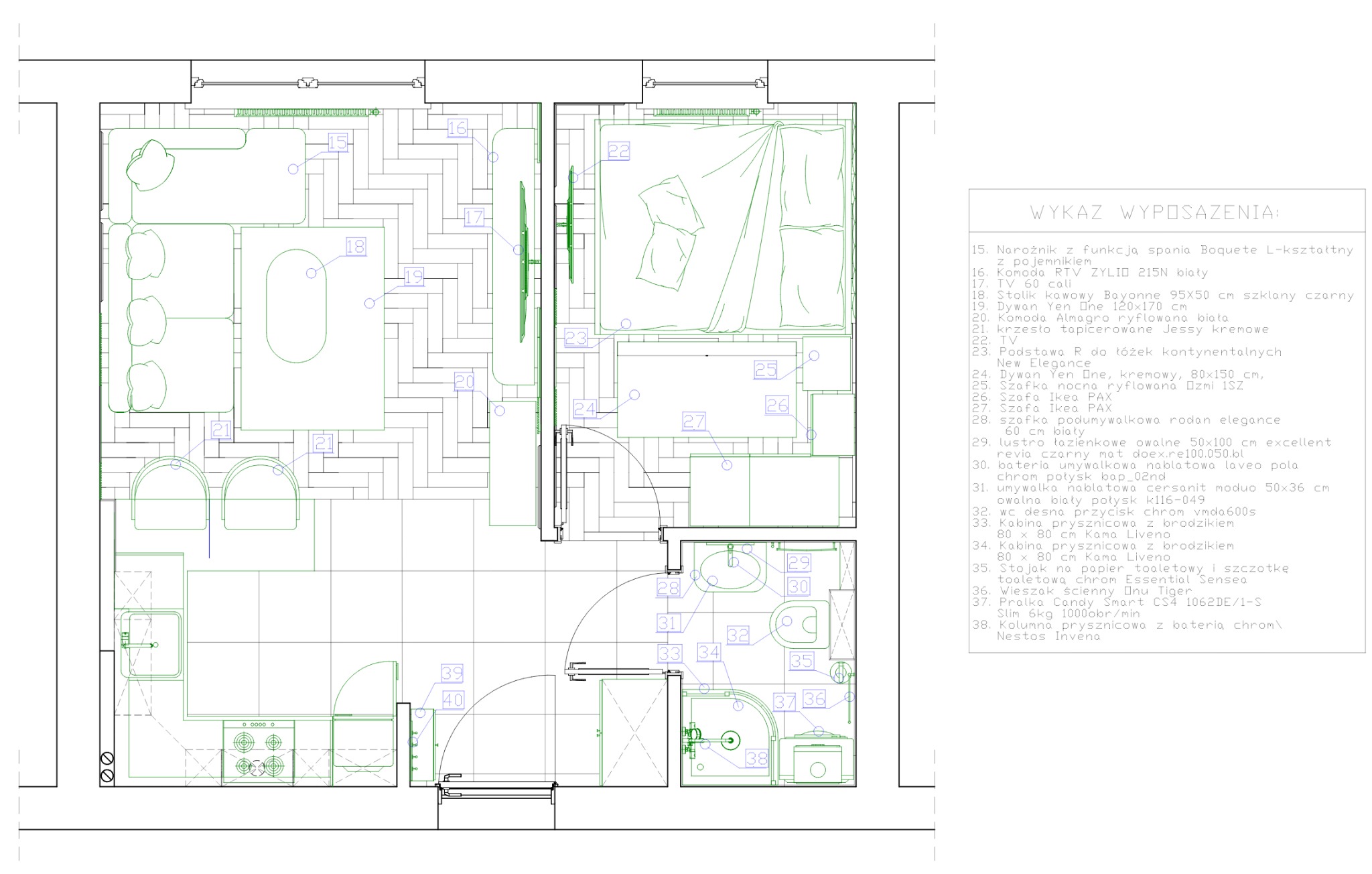 Rzut z góry na plan mieszkania: salon z aneksem, sypialnia i łazienka. Rozmieszczenie mebli i wyposażenia, w tym szafy, łóżka, umywalki i sprzętu AGD.