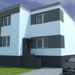 Wizualizacja dwukondygnacyjnego domu z elewacją w kolorach szarości i bieli, z podjazdem wyłożonym kostką i zaparkowanym szarym Audi przed budynkiem.