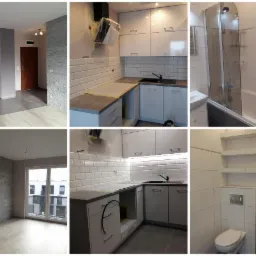 Kolaż zdjęć przedstawiający różne etapy wykończenia wnętrz: salon z szarą ścianą z kamienia dekoracyjnego i ciemną podłogą, kuchnia z białymi szafkami i płytkami typu metro, łazienka z wanną...