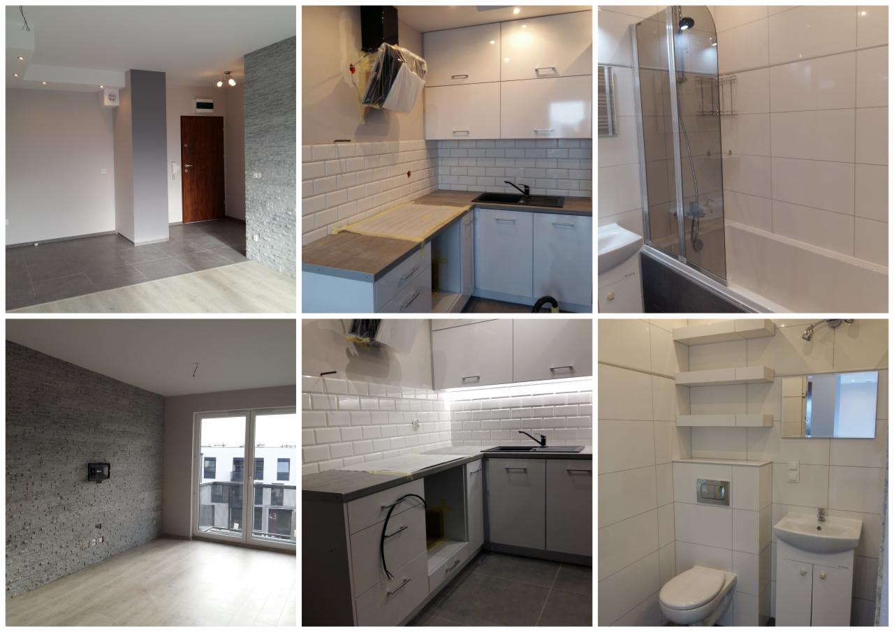 Kolaż zdjęć przedstawiający różne etapy wykończenia wnętrz: salon z szarą ścianą z kamienia dekoracyjnego i ciemną podłogą, kuchnia z białymi szafkami i płytkami typu metro, łazienka z wanną...