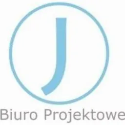 Niebieskie logo biura projektowego: litera 'J' w okręgu nad napisem 'Biuro Projektowe'. Minimalistyczny design, jasne tło.