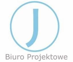 Niebieskie logo biura projektowego: litera 'J' w okręgu nad napisem 'Biuro Projektowe'. Minimalistyczny design, jasne tło.