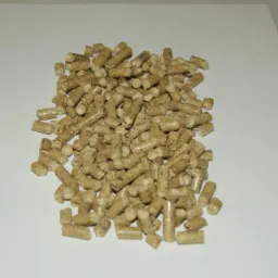 Kompaktowa sterta jasnych, cylindrycznych peletek ułożona na białym tle. Widoczne detale faktury i kształtu pojedynczych elementów.