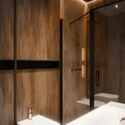 Nowoczesna łazienka z kabiną prysznicową typu walk-in, armaturą w kolorze miedzi i drewnianą okładziną ściany z wbudowanymi półkami. Minimalistyczny design.