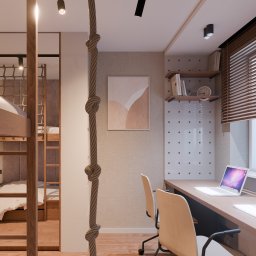 Monsun Studio Architekci - Pokój dziecięcy z łóżkiem piętrowym i biurkiem, lina do wspinaczki, stonowana kolorystyka, drewniane elementy, nowoczesne oświetlenie, laptop na biurku, minimalistyczny design.