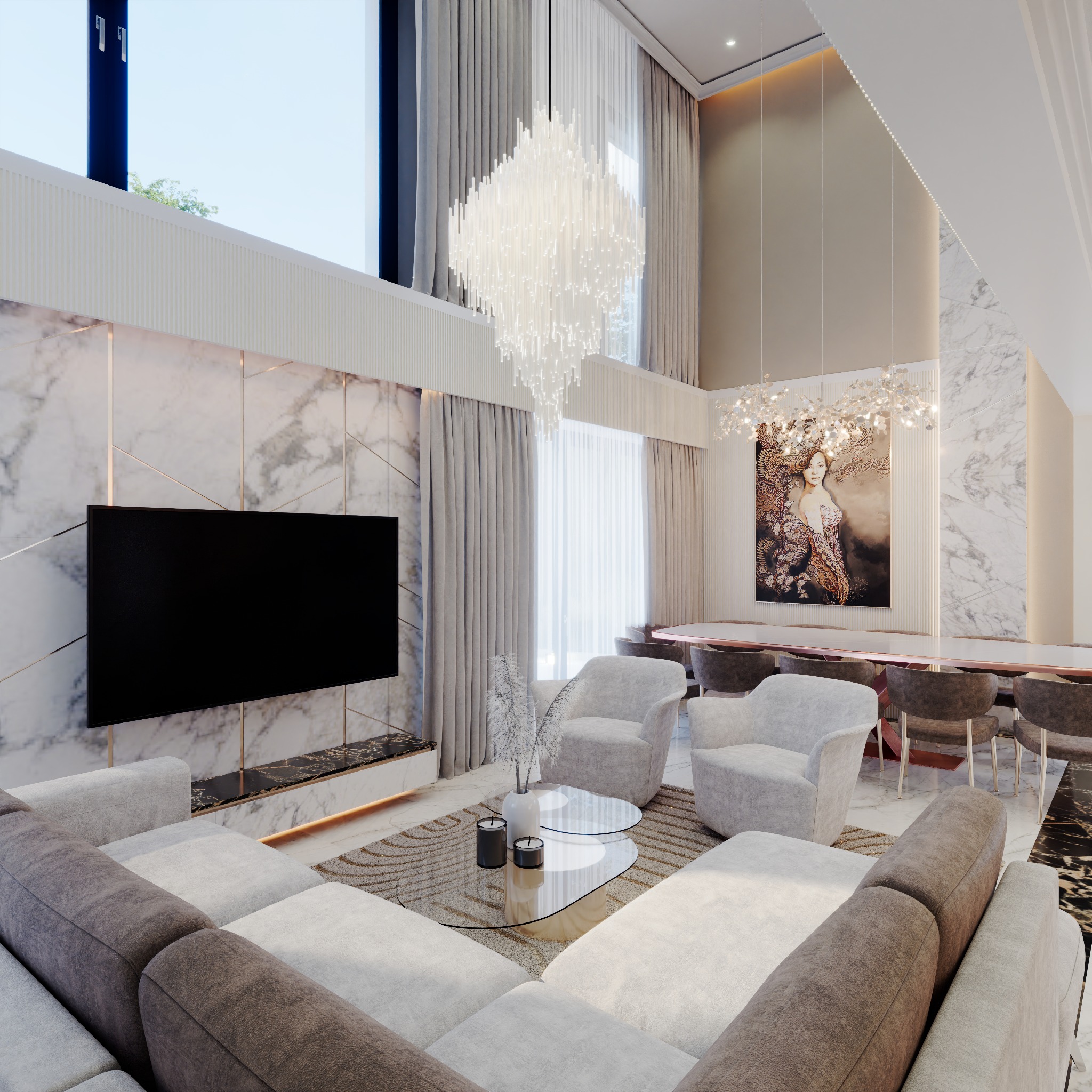 Elegancki salon w miejskiej willi z marmurową ścianą TV, szklanym stolikiem kawowym, kremowymi fotelami i sofą narożną w odcieniach szarości oraz kryształowym żyrandolem w wysokim pomieszczeniu.