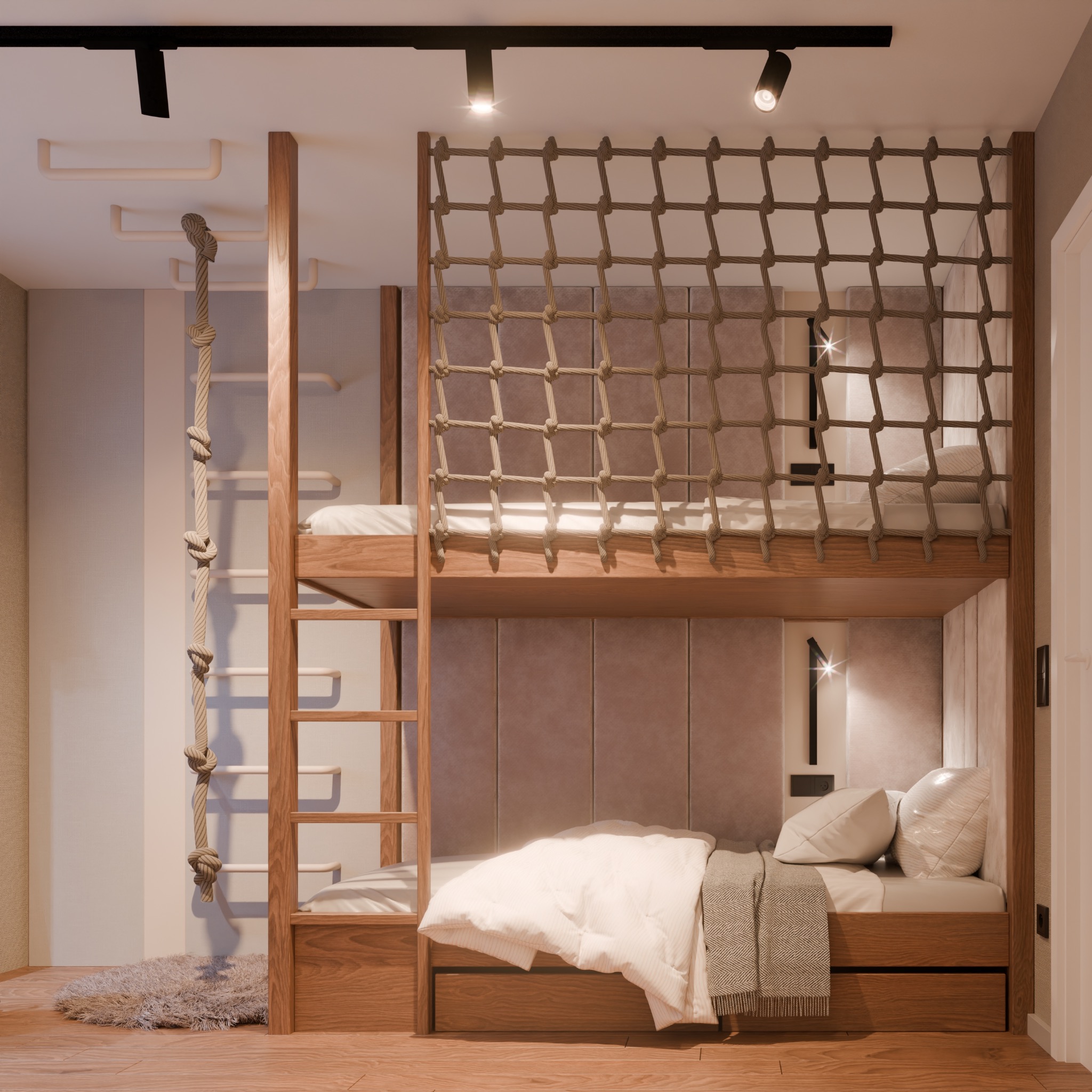 Pokój dziecięcy z drewnianym łóżkiem piętrowym, siatką zabezpieczającą i linową drabinką. Ciepłe oświetlenie, beżowe ściany i drewniana podłoga tworzą przytulny klimat.