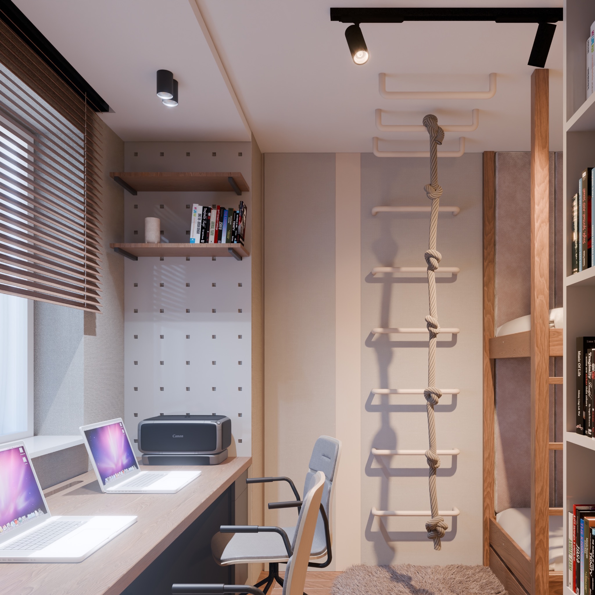 Pokój dziecięcy z biurkiem, dwoma laptopami, drukarką, półkami z książkami, łóżkiem piętrowym i drabinką sznurową. Stonowana kolorystyka, nowoczesny design.