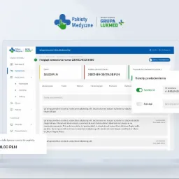 Ekran panelu klienta Pakietów Medycznych Grupy Luxmed, prezentujący podgląd zamówienia z saldem 58 PLN i kwotą do zapłaty 290 PLN, z włączonym kanałem powiadomień SendGrid.